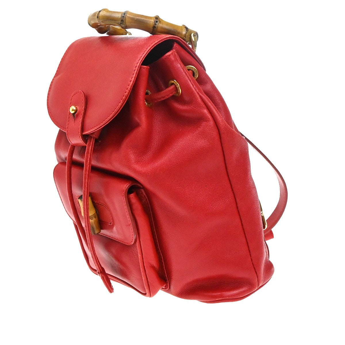 GUCCI Logo Bamboo Drawstring Mini Backpack Bag Leather Red GHW Italy 62EG250