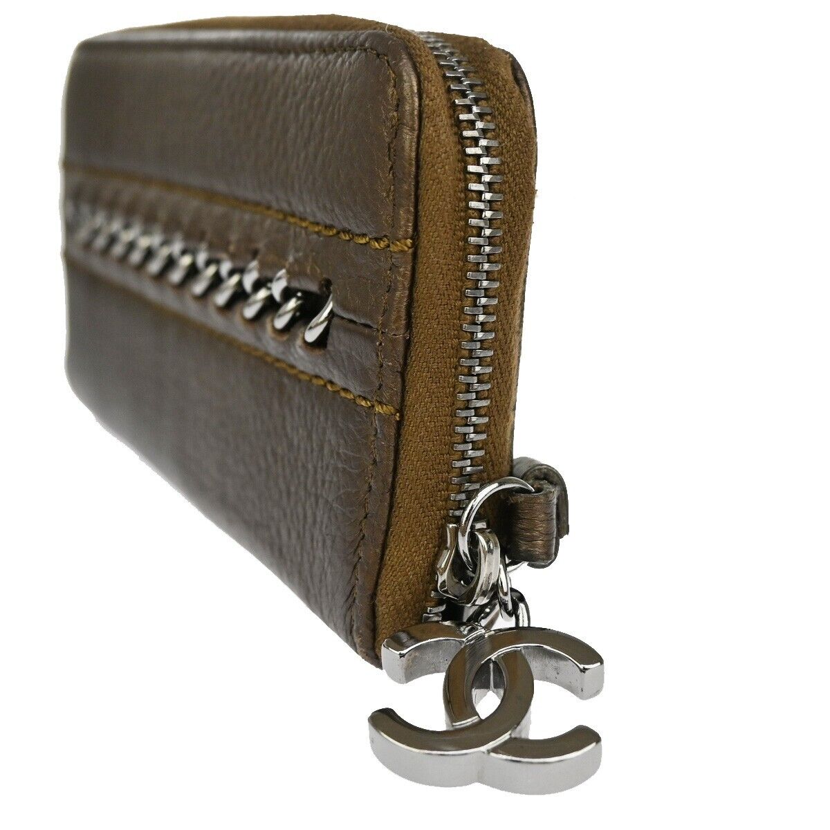 CHANEL CC Logo Luxury Line Bifold Wallet Coin Purse Leather Brown SHW 32YD864