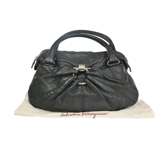 SALVATORE FERRAGAMO Logo Gancini Shoulder Tote Bag Leather Black  Italy 68DA065