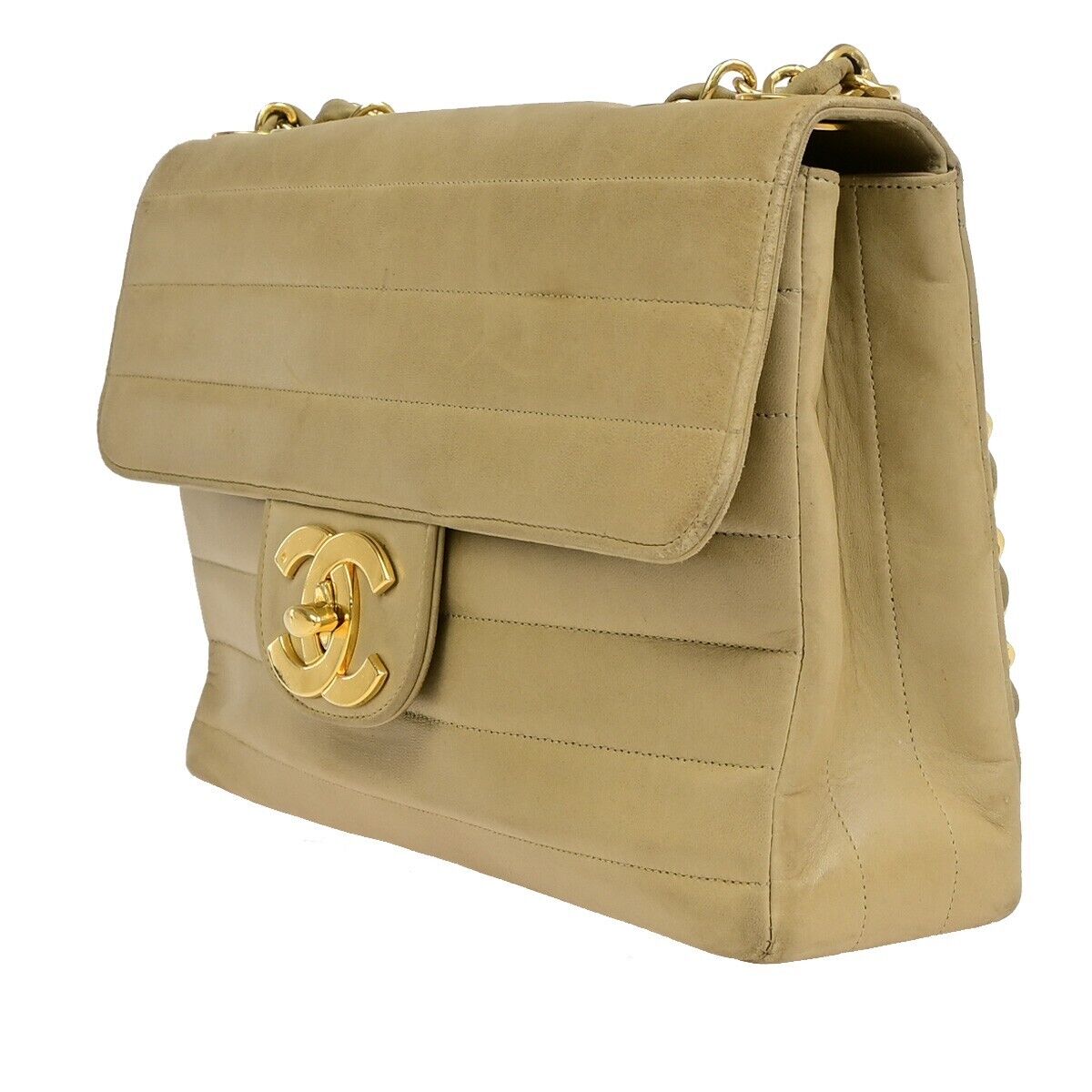 CHANEL CC Horizontal Stitch 30 Chain Shoulder Bag Leather Beige Vintage 653RF229