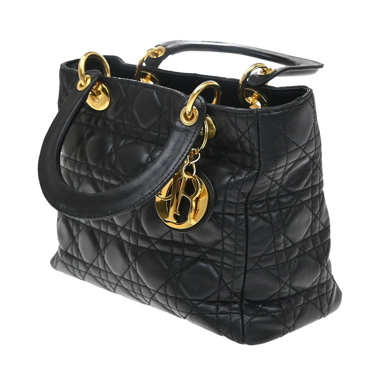CHRISTIAN DIOR Lady Cannage Hand Tote Bag Leather Black Gold Italy 46RQ062