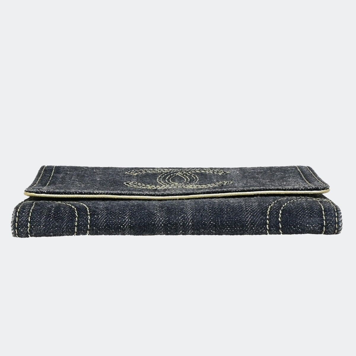 CHANEL CC Logo Stitch Flap Wallet Purse Denim Leather Blue Gold GHW 70RK156