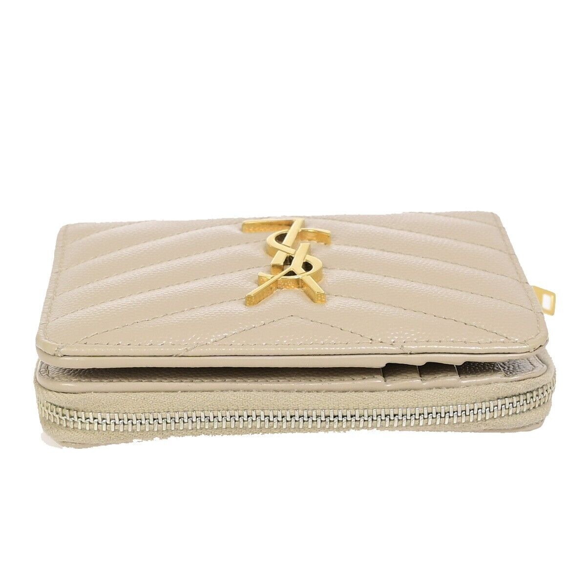 SAINT LAURENT YSL Logo Compact Bifold Wallet Purse Leather Beige GHW 38EC602