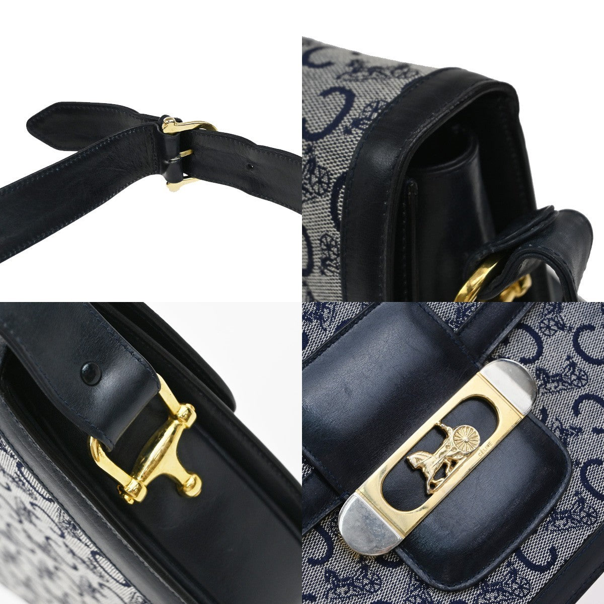 CELINE C Macadam Horse Carriage Shoulder Bag Canvas Leather Navy Blue 67EF889