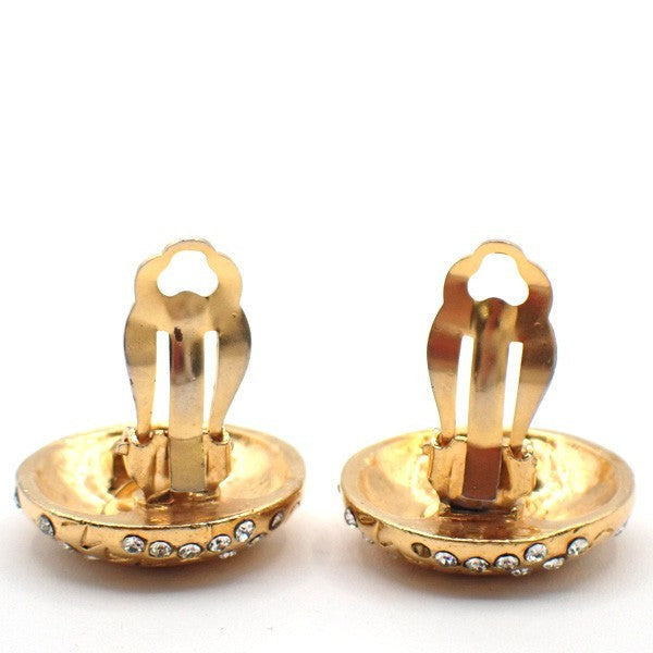 CHANEL Logo Rhinestones Earrings Clip-on Gold France Vintage 36RL872