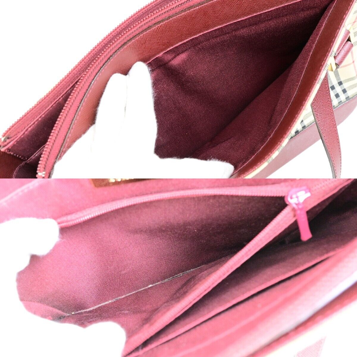 BURBERRY Logo Hand Bag Nova Check Canvas Leather Burgundy GHW 83RK727