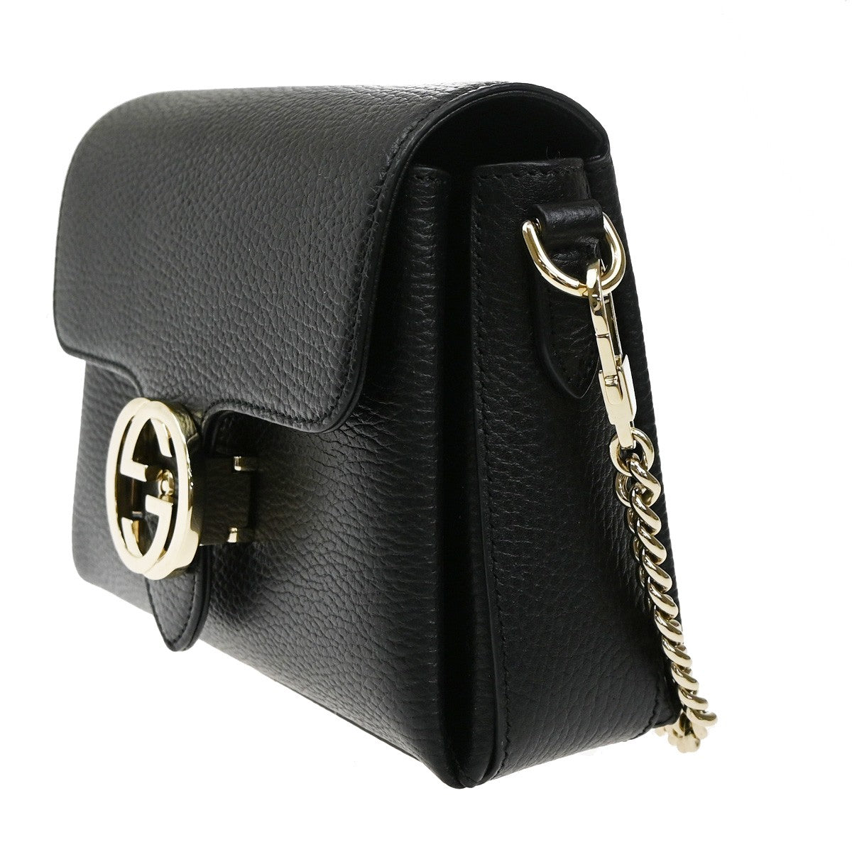 GUCCI Logo Interlocking G Chain Shoulder Bag Leather Black GHW Italy 43RL410