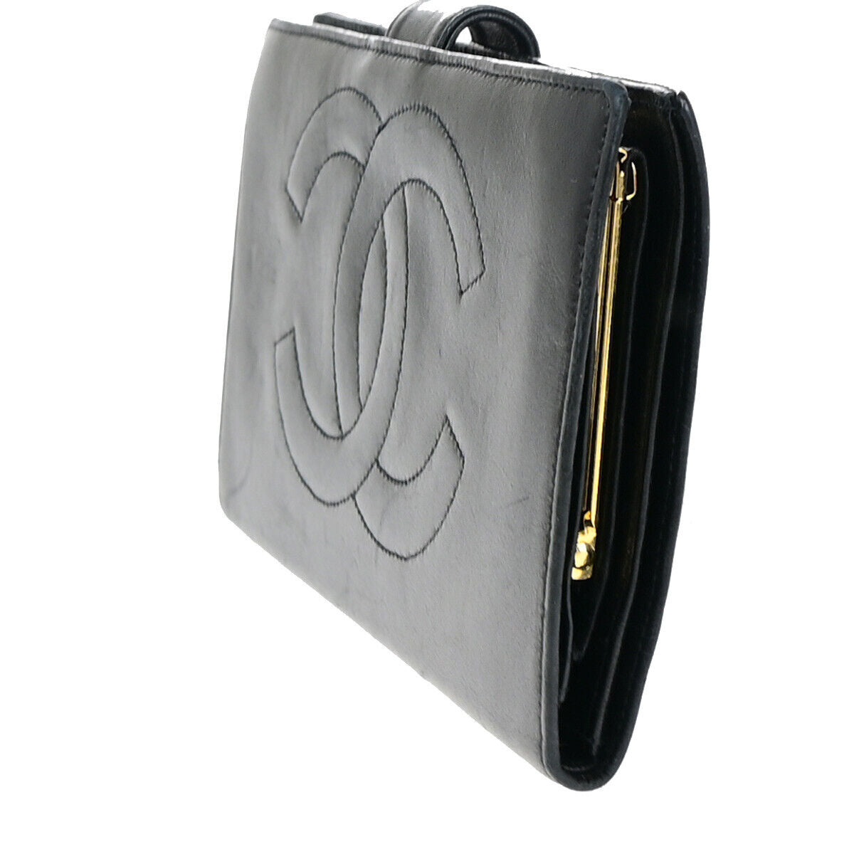 CHANEL CC Logo Long Bifold Wallet Purse Leather Black GHW Vintage 66RJ939