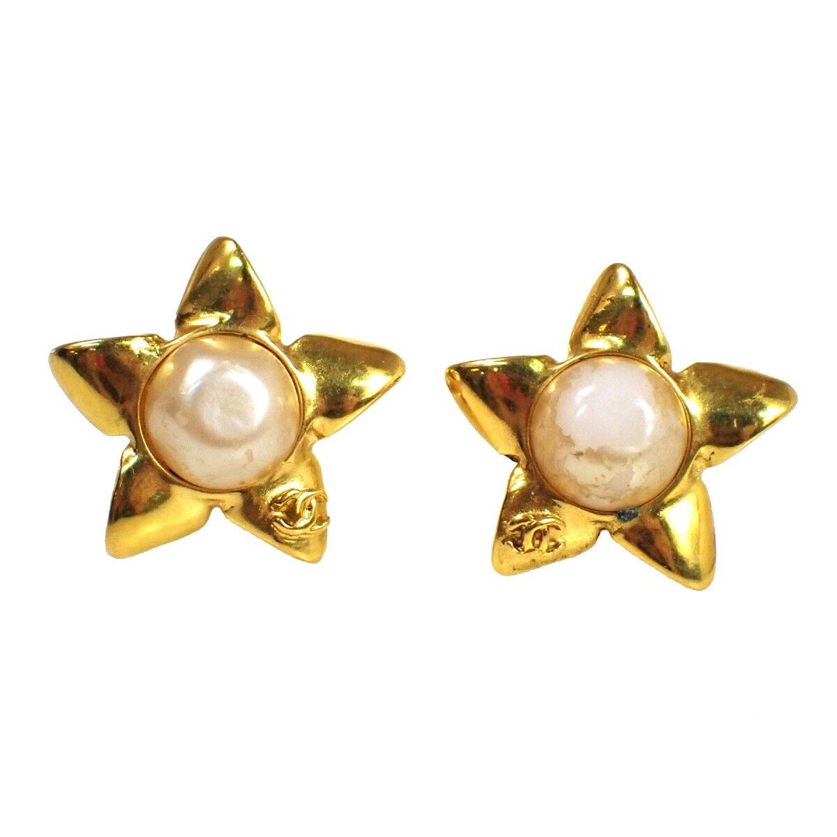 CHANEL CC Star Earrings 96P Clip-On Imitation Pearl GHW France Vintage 80RH409