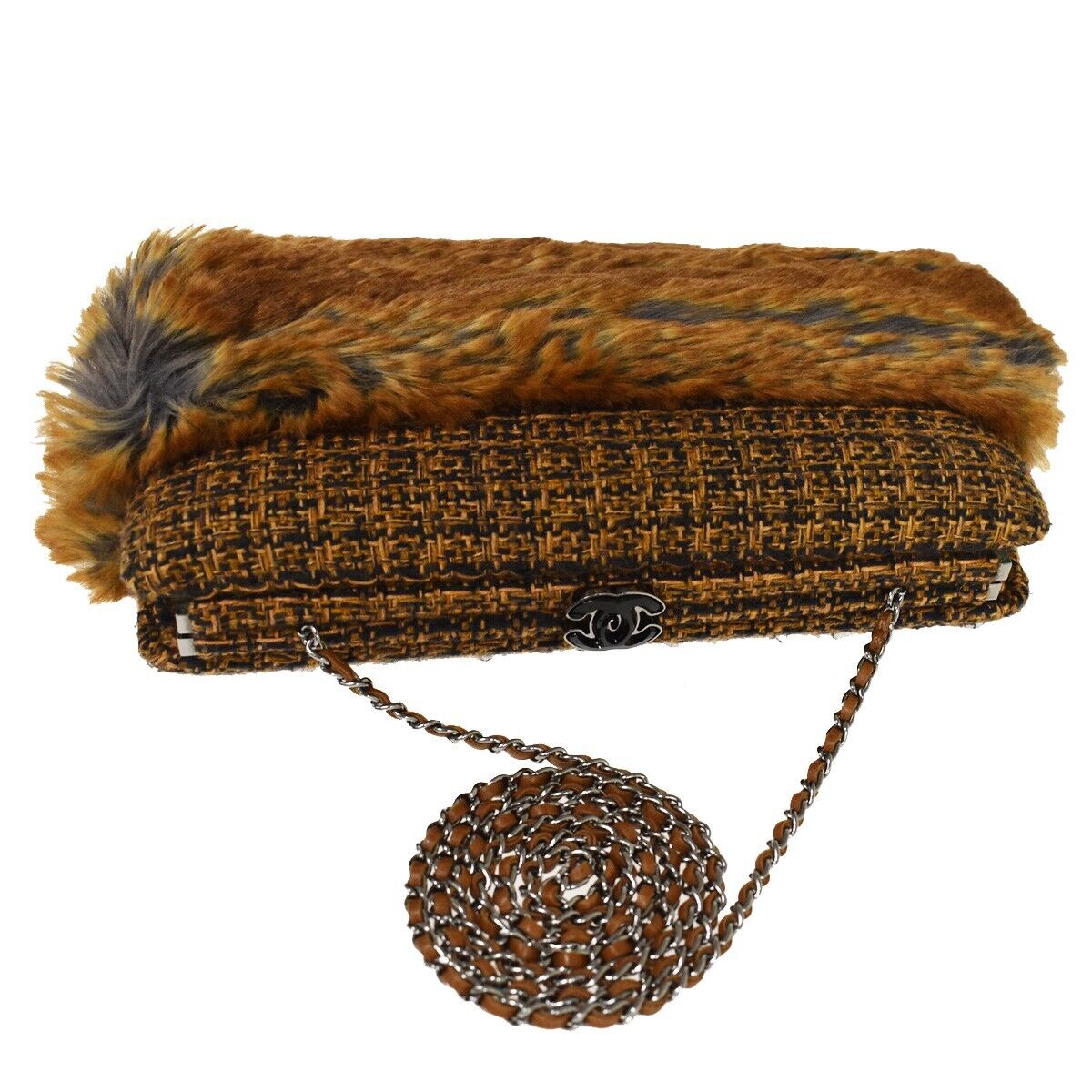 CHANEL CC Logo 2Way Chain Shoulder Clutch Bag Fur Wool Leather Brown 683LC294