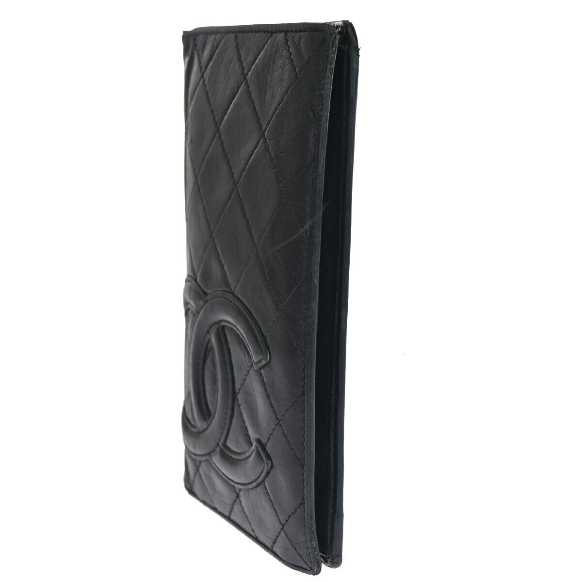 CHANEL CC Logo Cambon Long Bifold Wallet Leather Black Silver France 60HB515