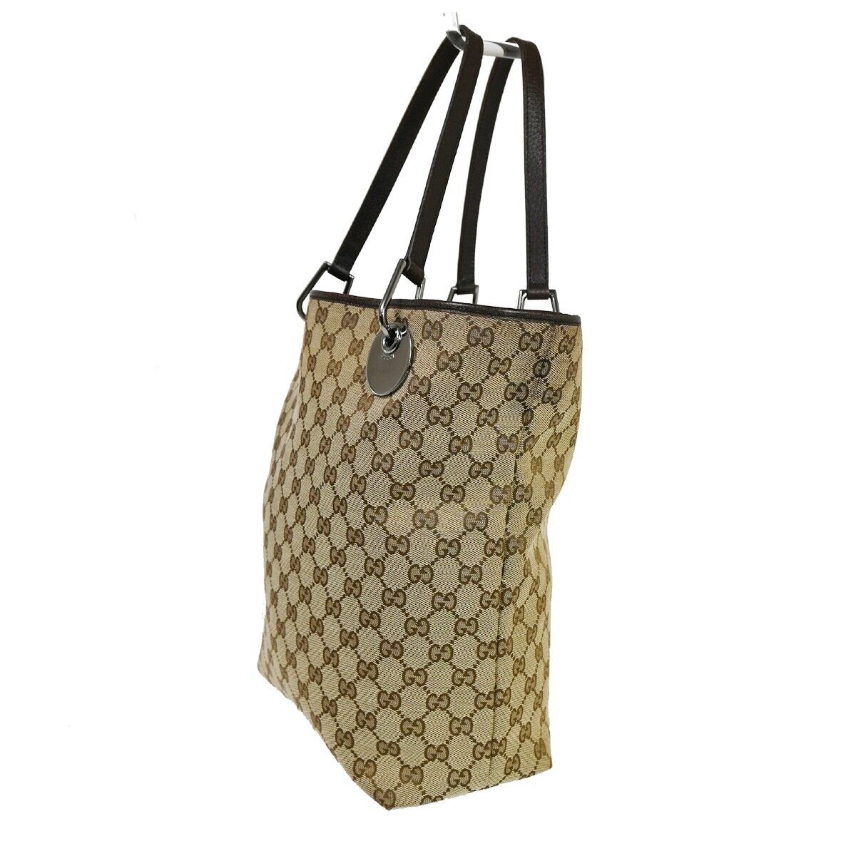 GUCCI Logo GG Pattern Shoulder Bag Canvas Leather Brown Silver Italy 61ED285