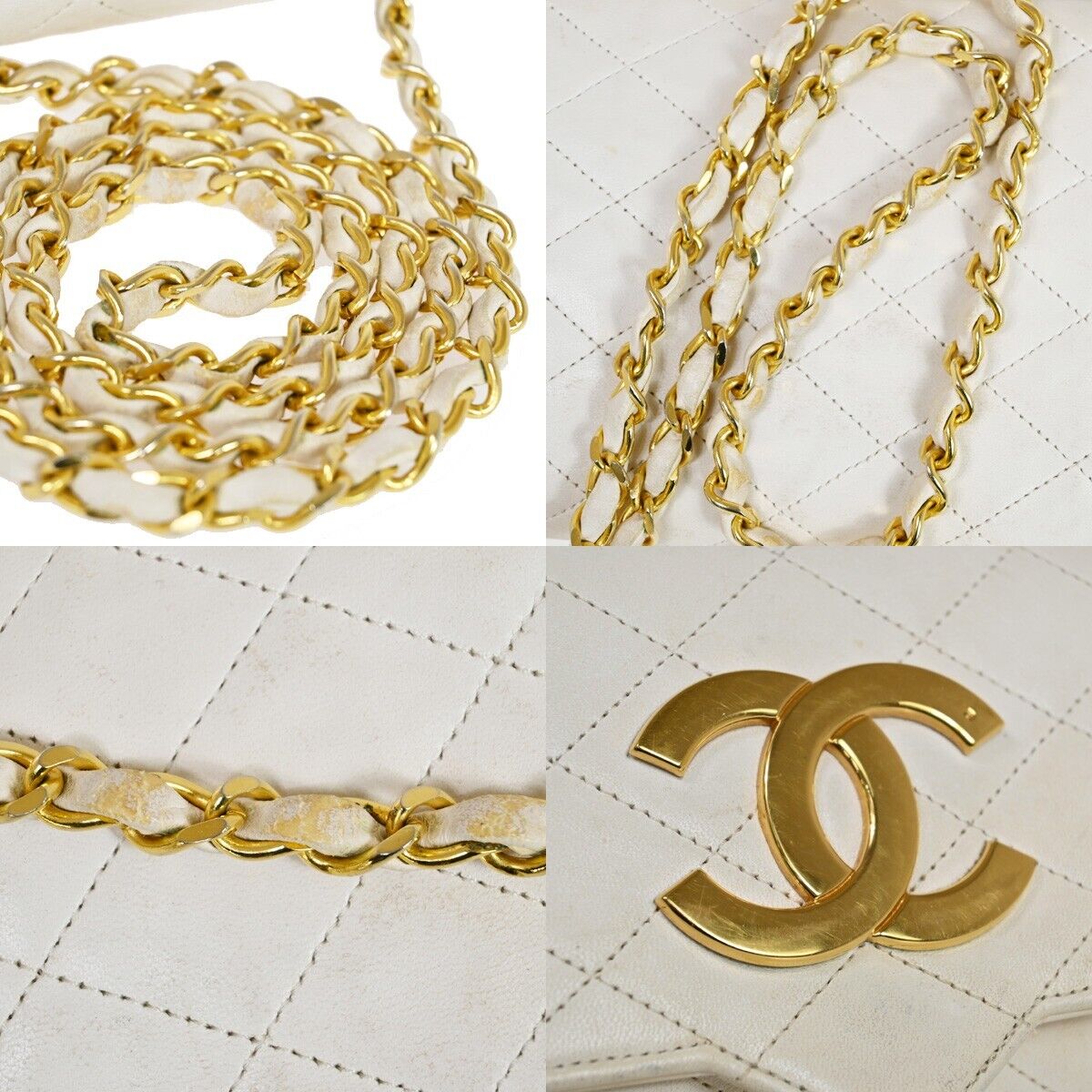 CHANEL CC Logo Matelasse Chain Shoulder Bag Leather White GHW Vintage 694RJ225