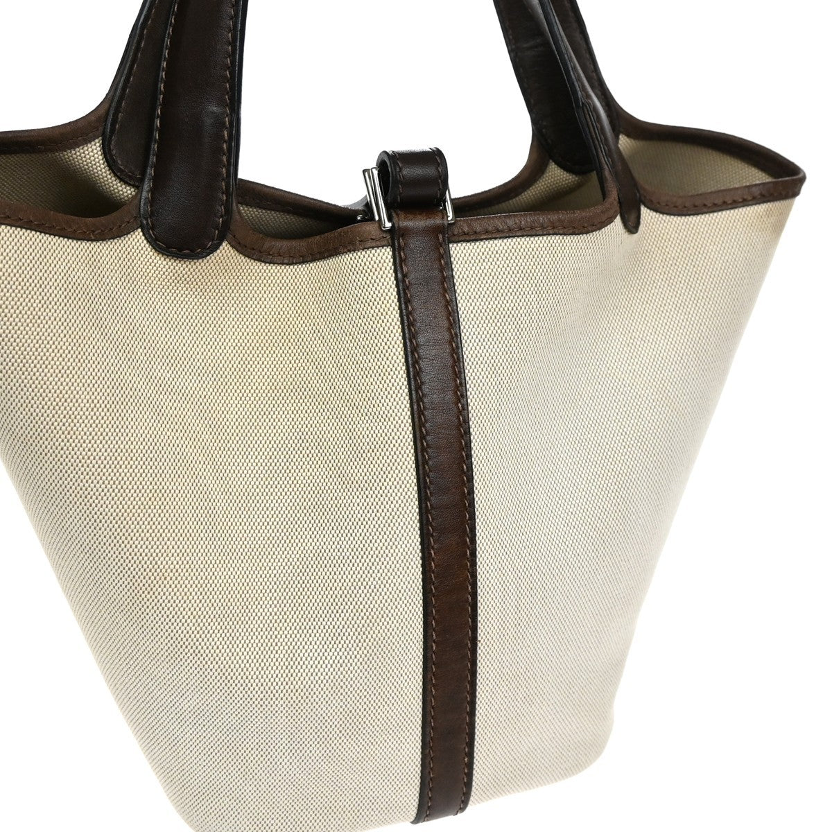 HERMES Logo Picotin 14 PM Hand Tote Bag Toile H Leather Brown SHW 689RL244