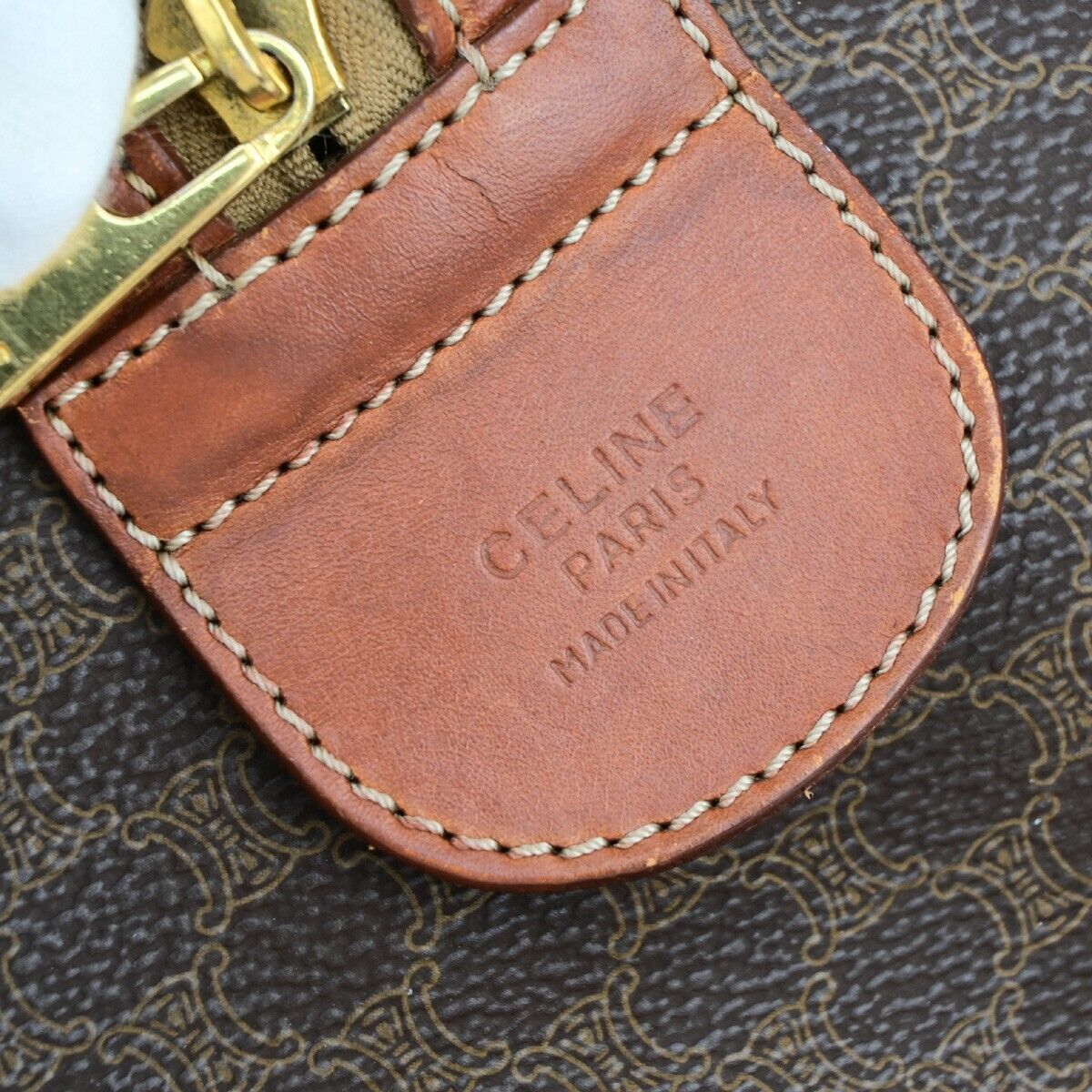 CELINE Macadam Pattern Travel Hand Bag PVC Leather Brown Gold Italy 64EB372