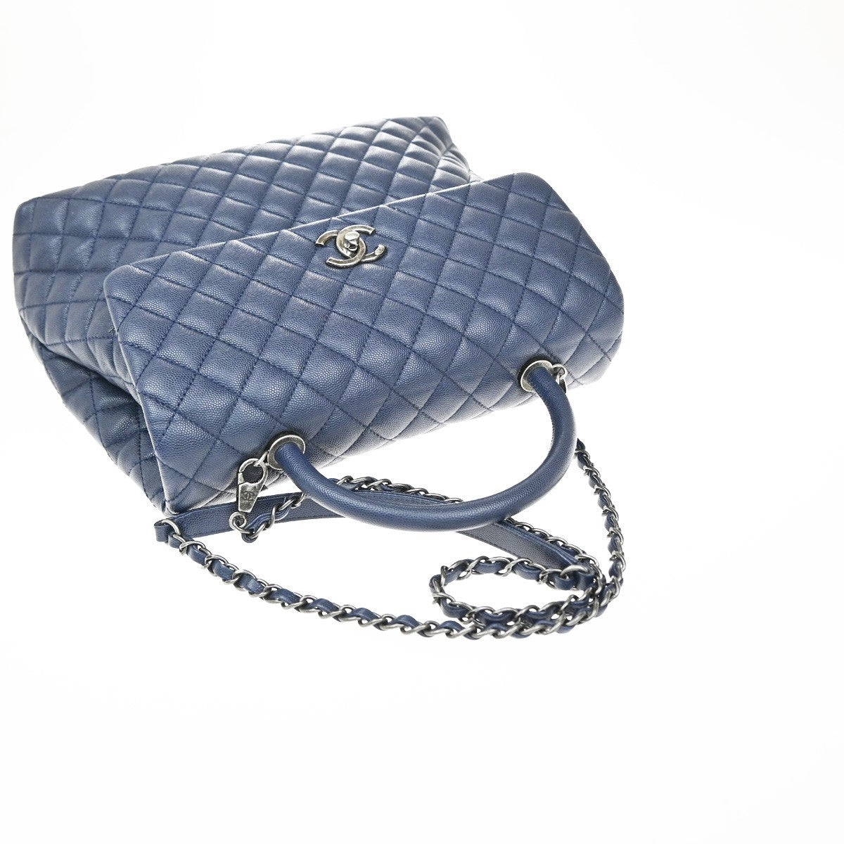 CHANEL 2Way Top Handle Chain Shoulder Bag Grained Calfskin Leather Blue 813RF792