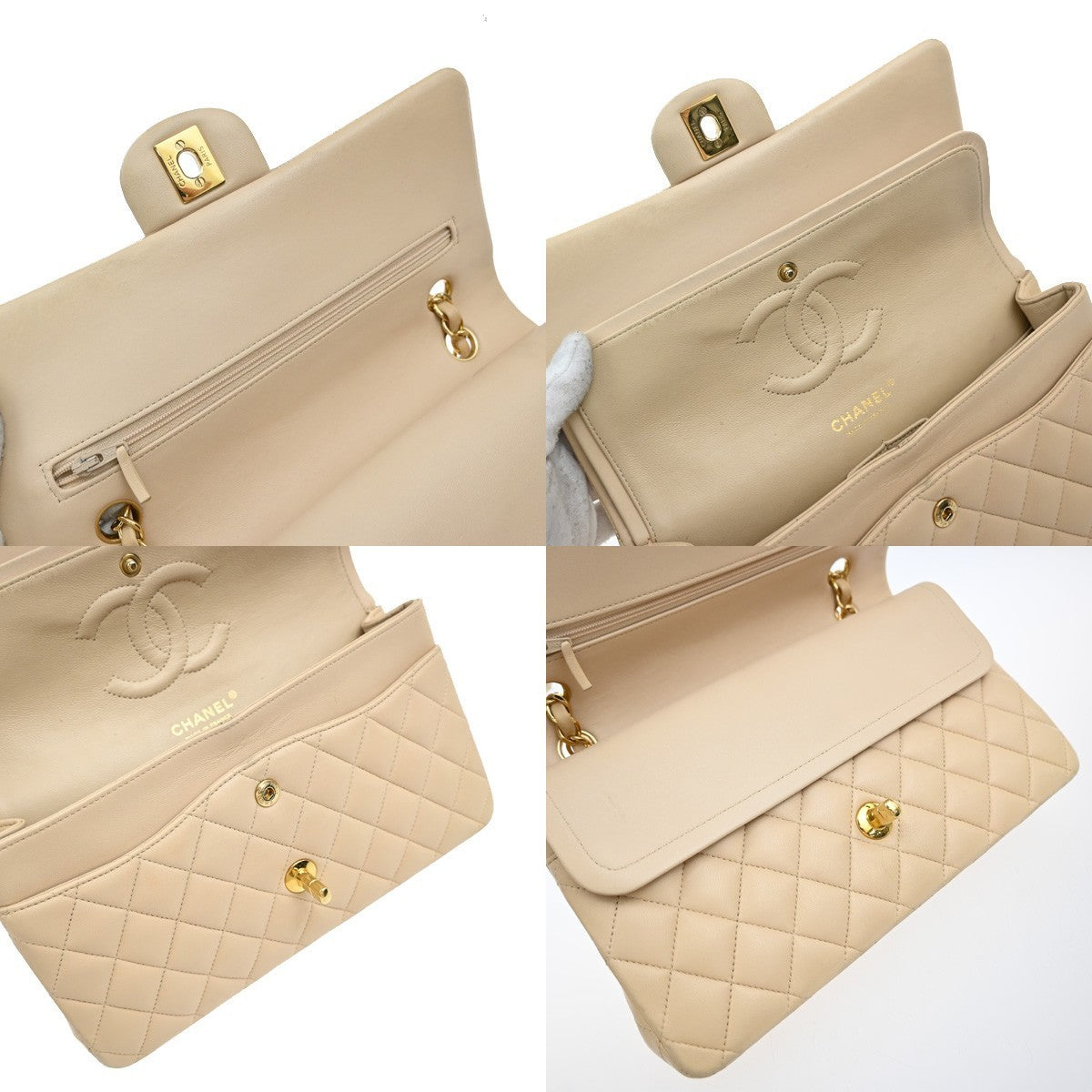 CHANEL CC Matelasse 25 Double Flap Chain Shoulder Bag Leather Beige GHW 827RF945