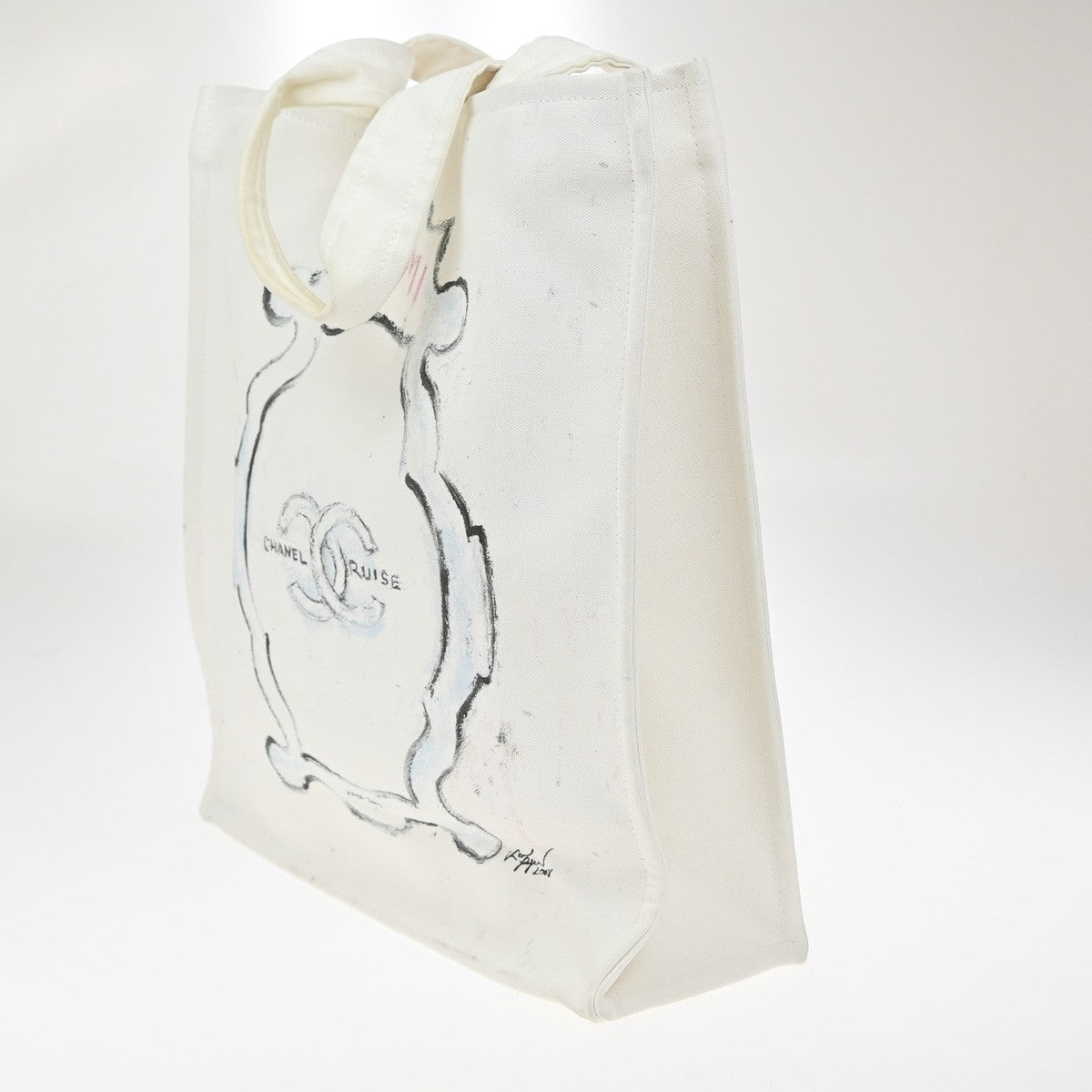 CHANEL CC Logo Cruise Line Miami Shoulder Tote Bag Canvas White 89KP264