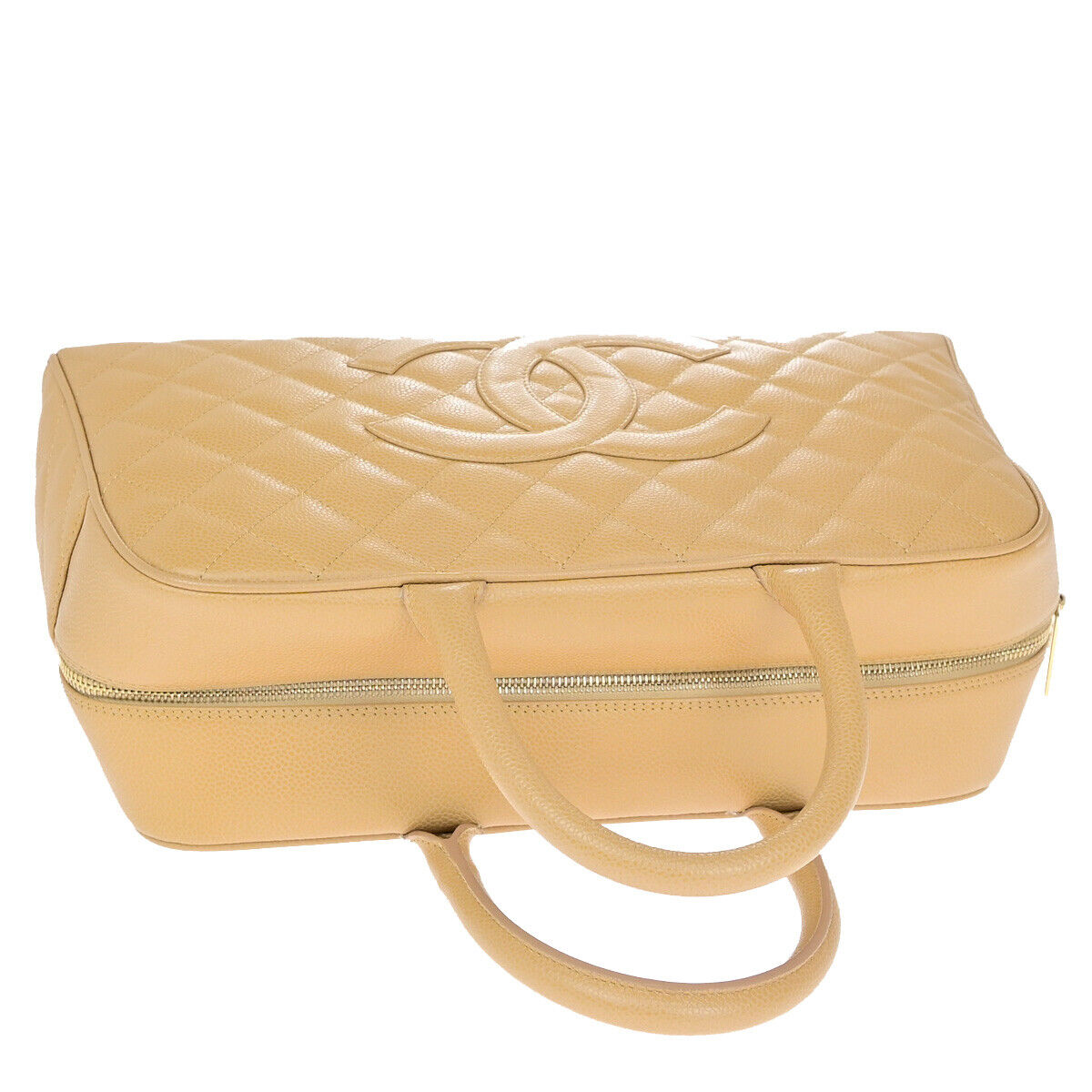 CHANEL CC Logo Matelasse Travel Hand Bag Caviar Skin Leather Beige GHW 307RJ952