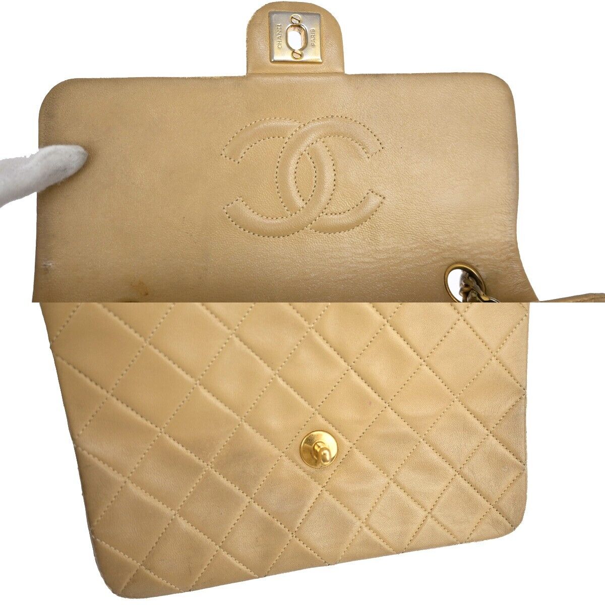 CHANEL CC Mini Matelasse Chain Shoulder Bag Leather Beige GHW Vintage 361RJ241