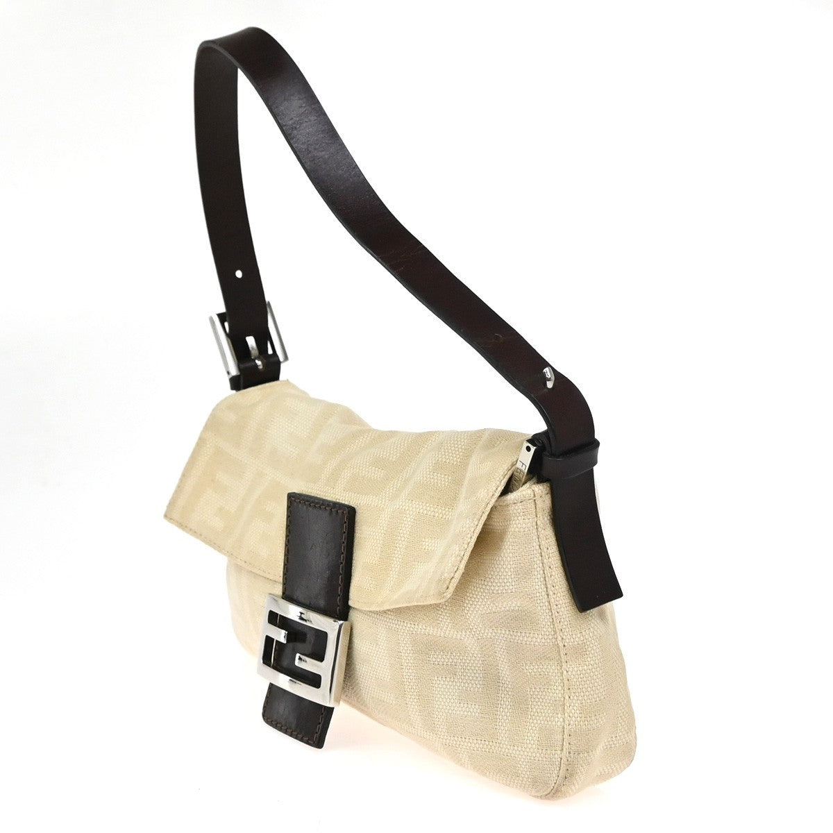 FENDI Mamma Baguette Zucca Shoulder Bag Canvas Leather White SHW Italy 98ZA279