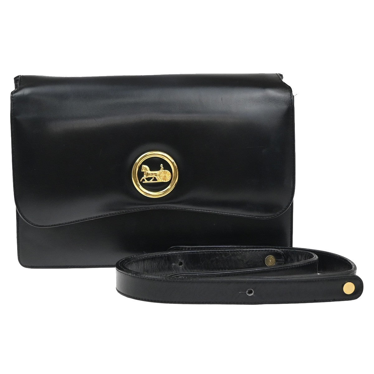 CELINE PARIS Logo Horse Carriage Shoulder Bag Leather Black Gold Italy 38KP606