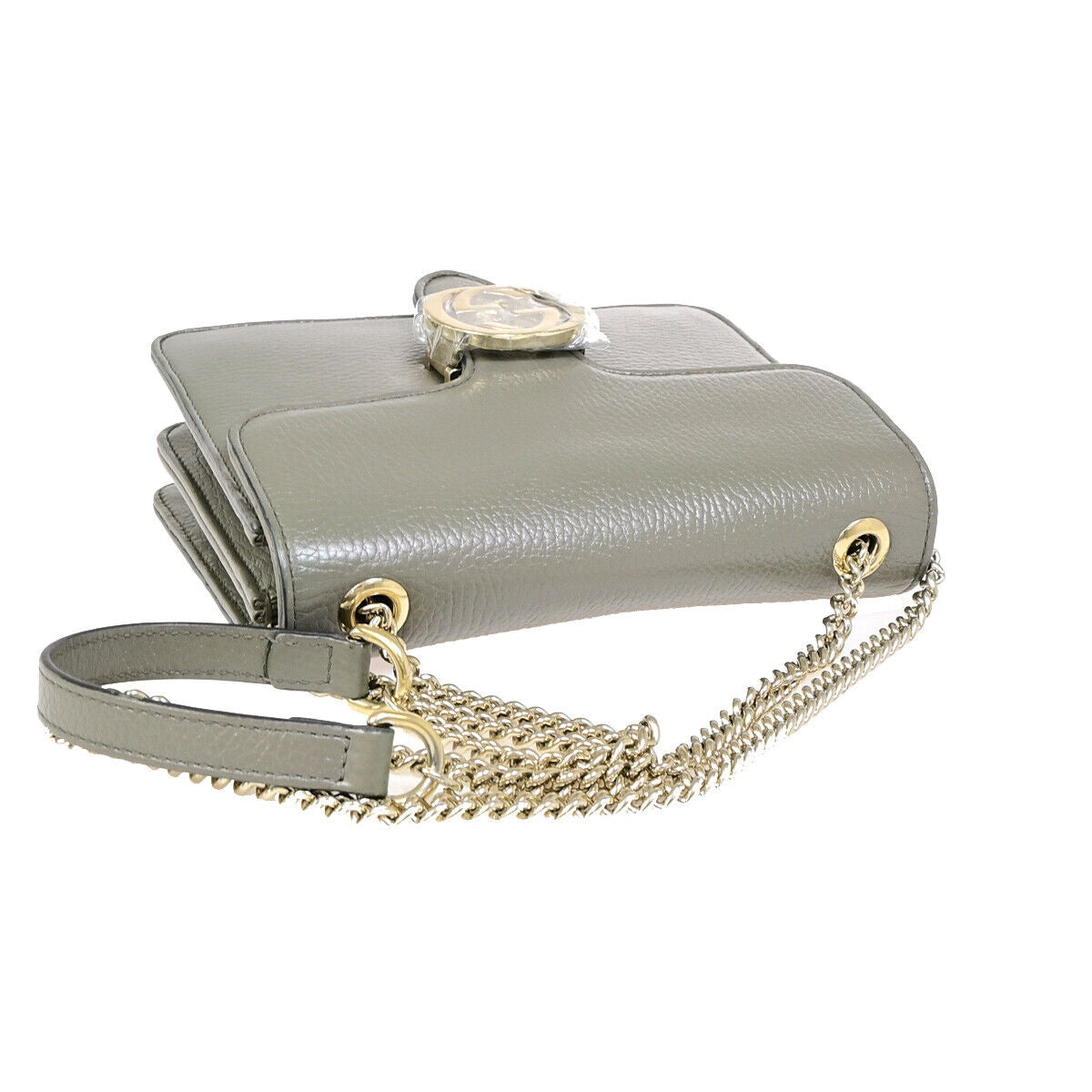 GUCCI Logo Interlocking G Chain Shoulder Bag Leather Gray GHW Italy 52YF630