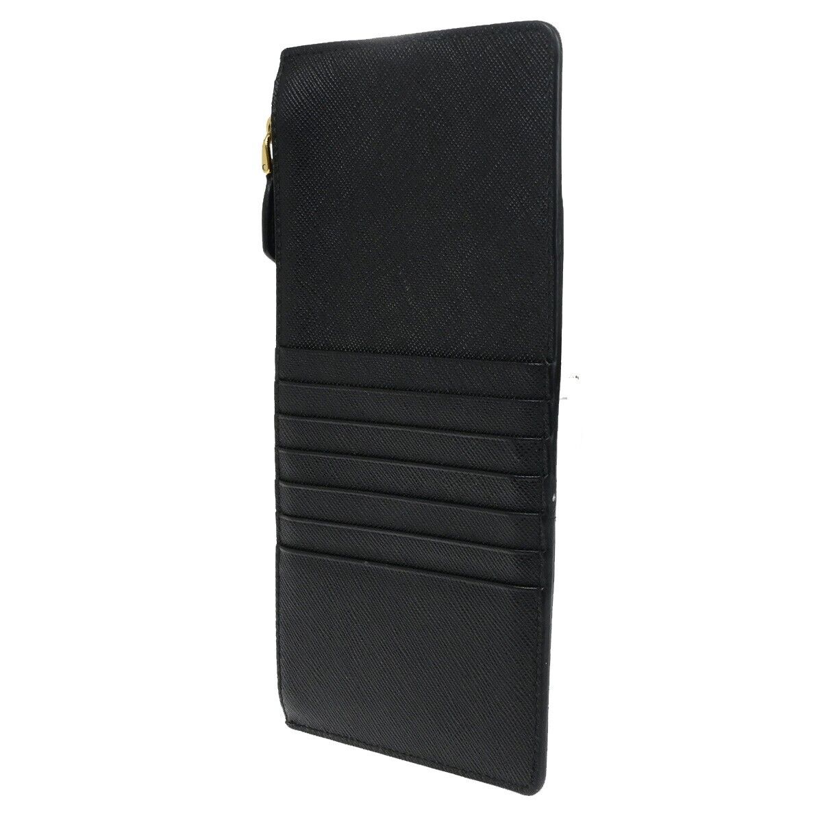 PRADA Logo Saffiano Card Holde Long Wallet Leather Black Gold Italy 65SJ628
