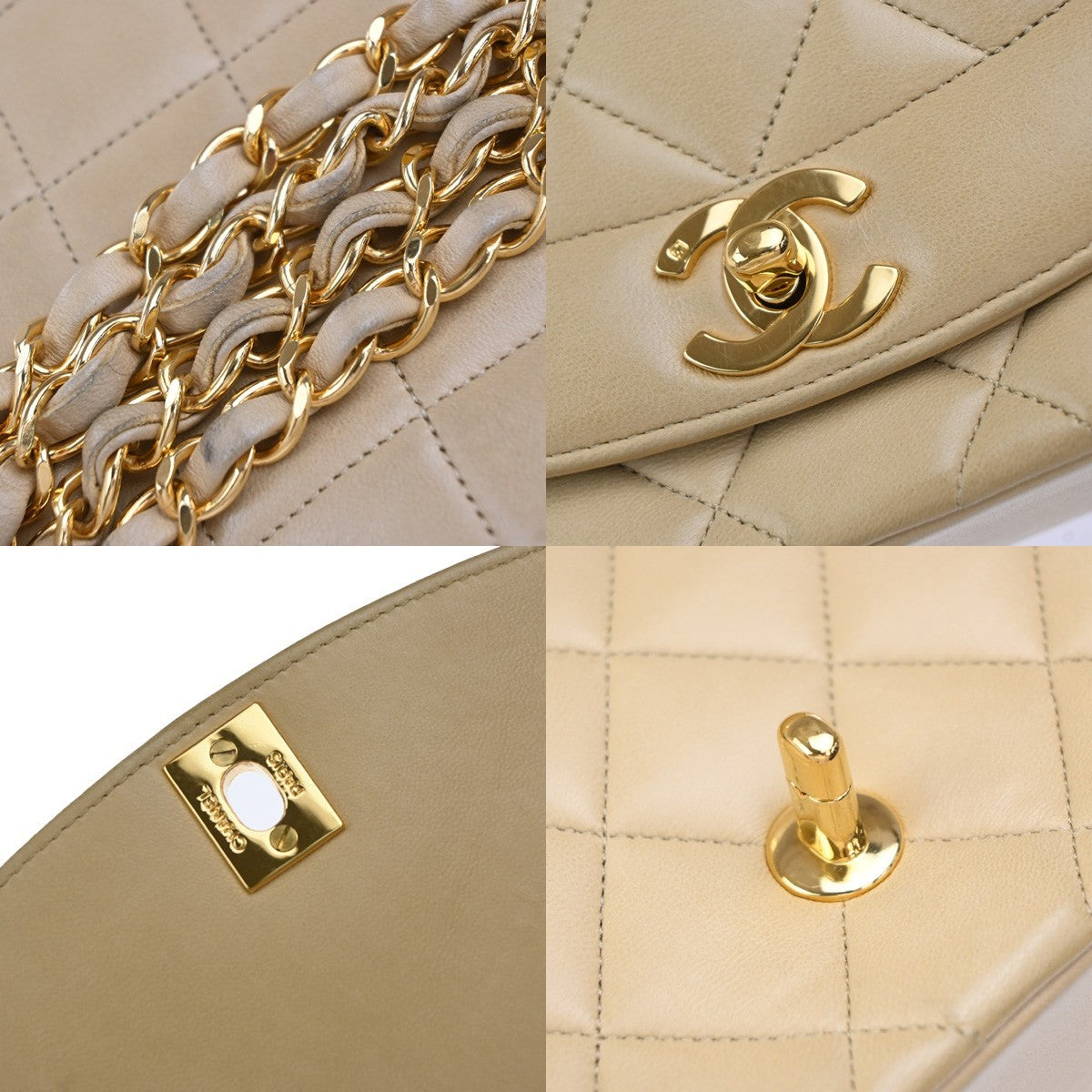 CHANEL CC Diana Matelasse 22 Chain Shoulder Bag Leather Beige Vintage 850RP130