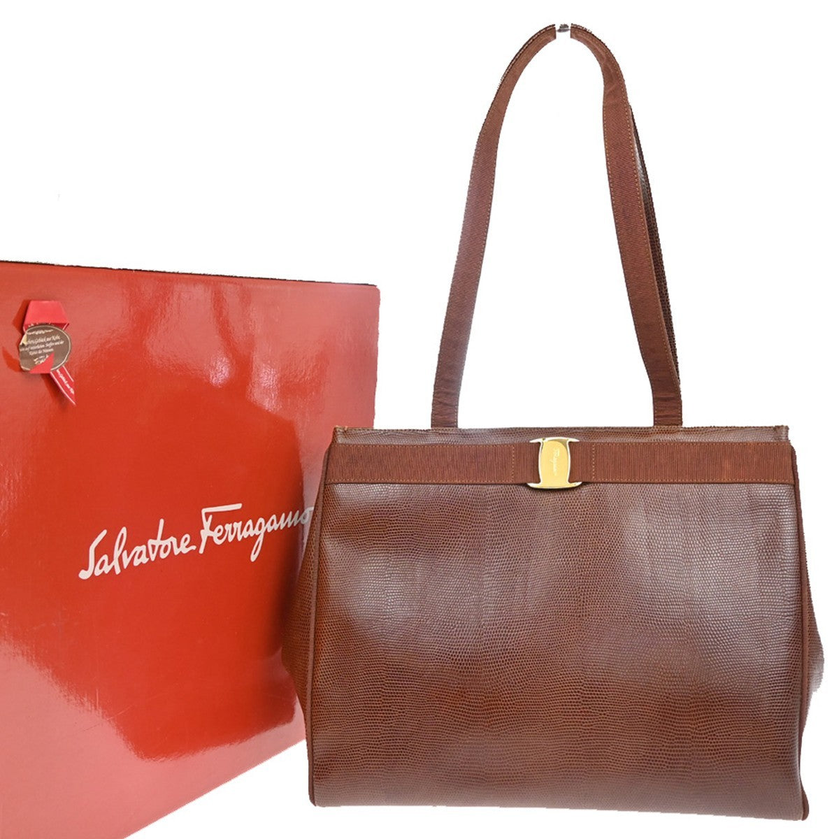 SALVATORE FERRAGAMO Logo Vara Hand Bag Embossing Leather Brown Gold 63EG040