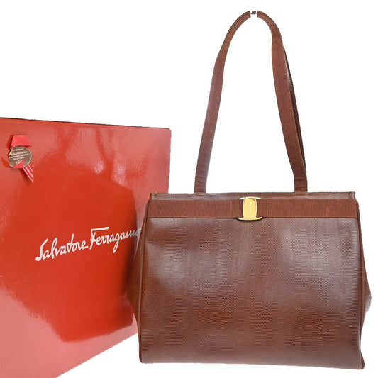 SALVATORE FERRAGAMO Logo Vara Hand Bag Embossing Leather Brown Gold 63EG040