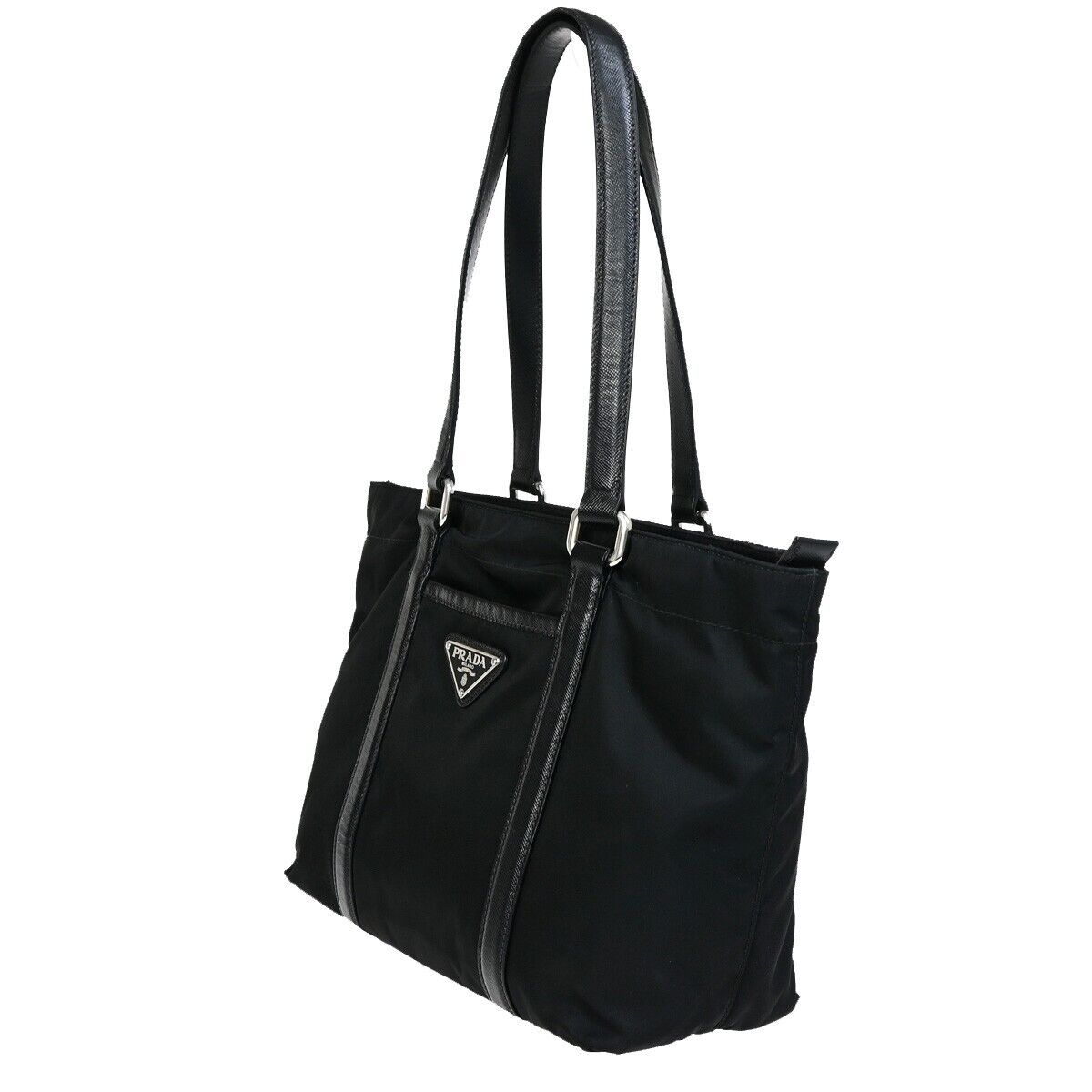 PRADA MILANO Logo Tessuto Shoulder Tote Bag Leather Nylon Black Silver 87SH931