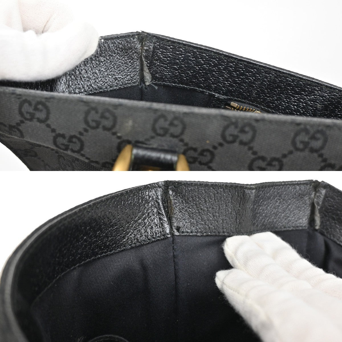 Gucci GG  Pattern Nailhead Tote Hand Bag Black Canvas Leather Italy 31SA080