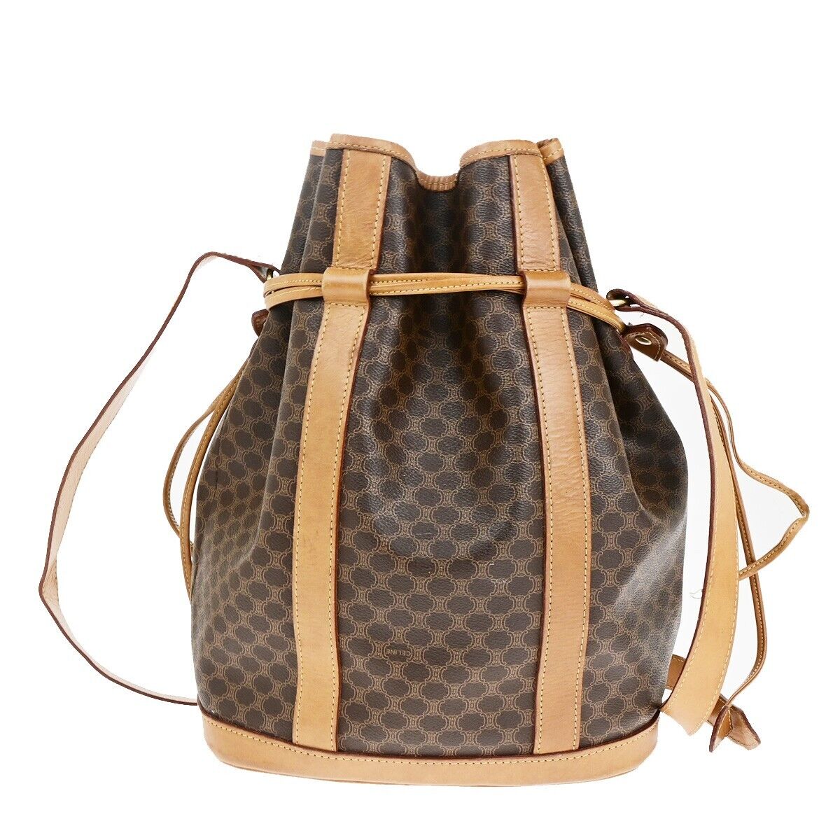 CELINE Logo Macadam Pattern Drawstring Shoulder Bag PVC Leather Brown 69HB986
