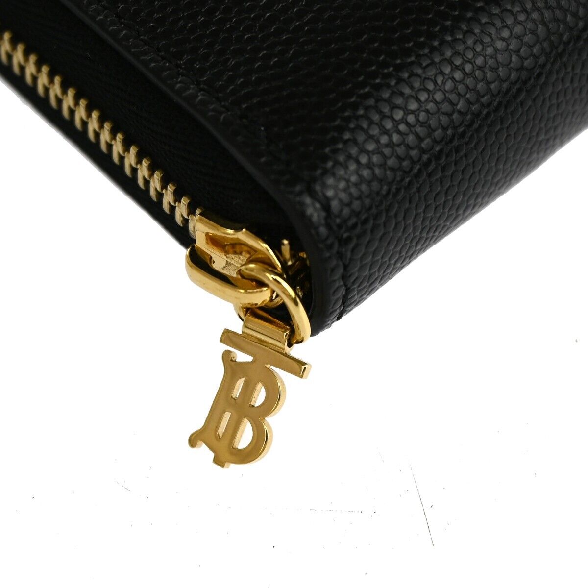 BURBERRY Logo  Zipper Long Wallet Purse Leather Black Gold Italy 31KA118
