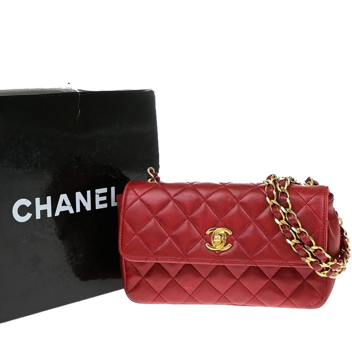 CHANEL CC Mini Matelasse Chain Shoulder Bag Leather Red GHW Vintage 696RF204