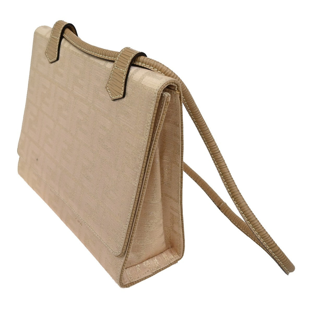 FENDI Logo Zucca Pattern Shoulder Bag Canvas Leather Gold Beige 87TA127