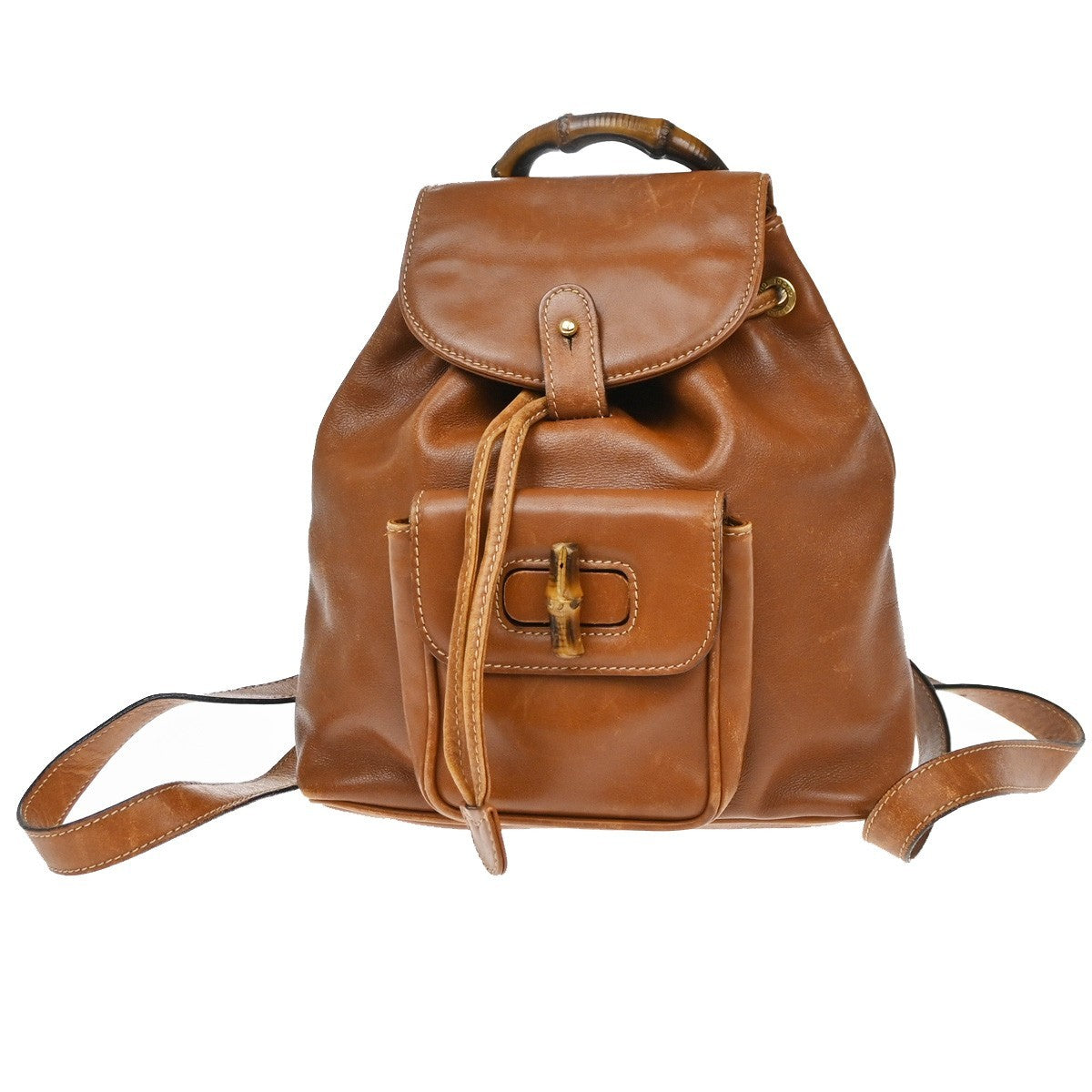 GUCCI Logo Bamboo Drawstring Mini Backpack Bag Leather Brown GHW Italy 64YH955
