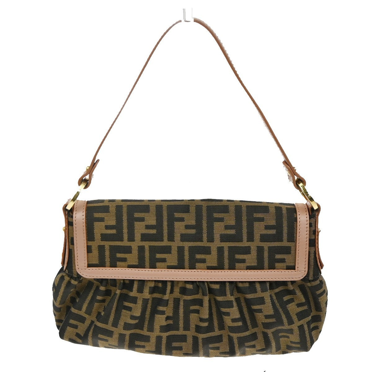 FENDI Logo Mamma Zucca Pattern Shoulder Bag Canvas Leather Brown Pink 46TA511