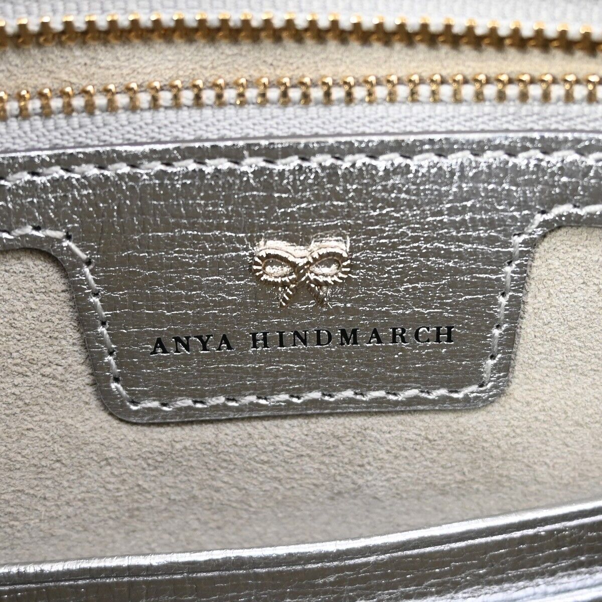 ANYA HINDMARCH Logo Fringe Tassel Clutch Hand Bag Leather Silver Black 69EA079