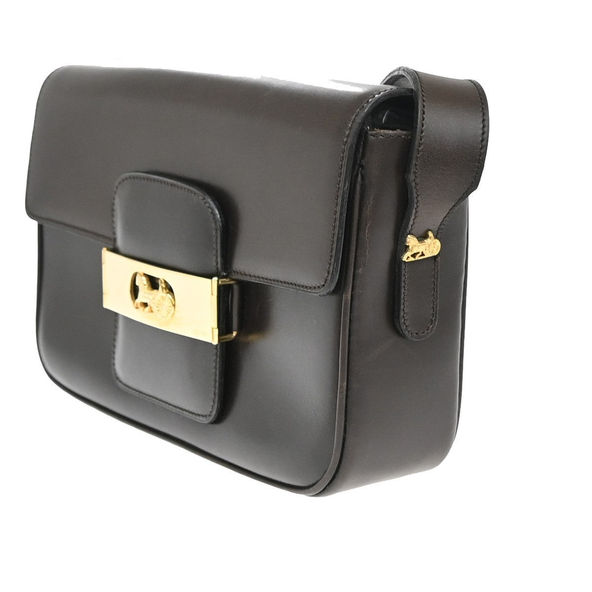 CELINE Horse Carriage Logo Shoulder Bag Leather Brown Gold 32KP193