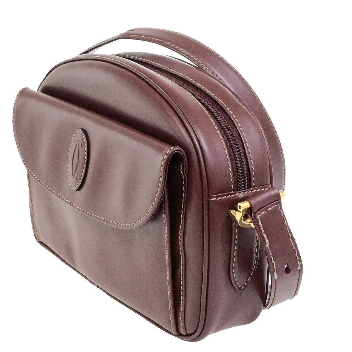 MUST DE CARTIER 2C Logos Shoulder Bag Leather Bordeaux Red Gold France 69FA310
