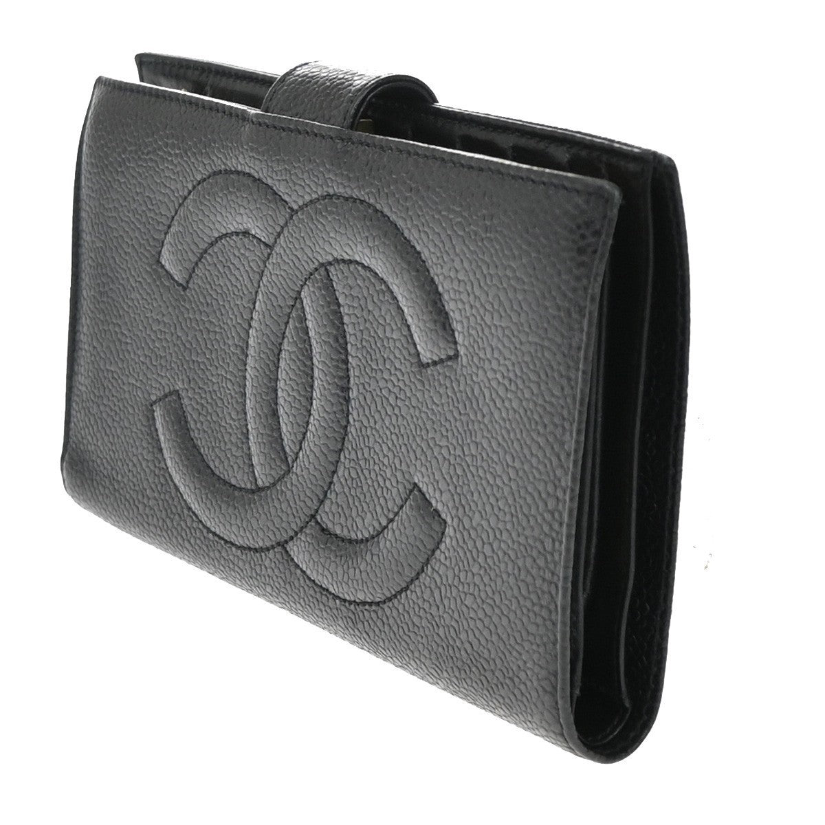 CHANEL CC Logo Long Bifold Wallet Grained Calfskin Leather Black Italy 87RF727