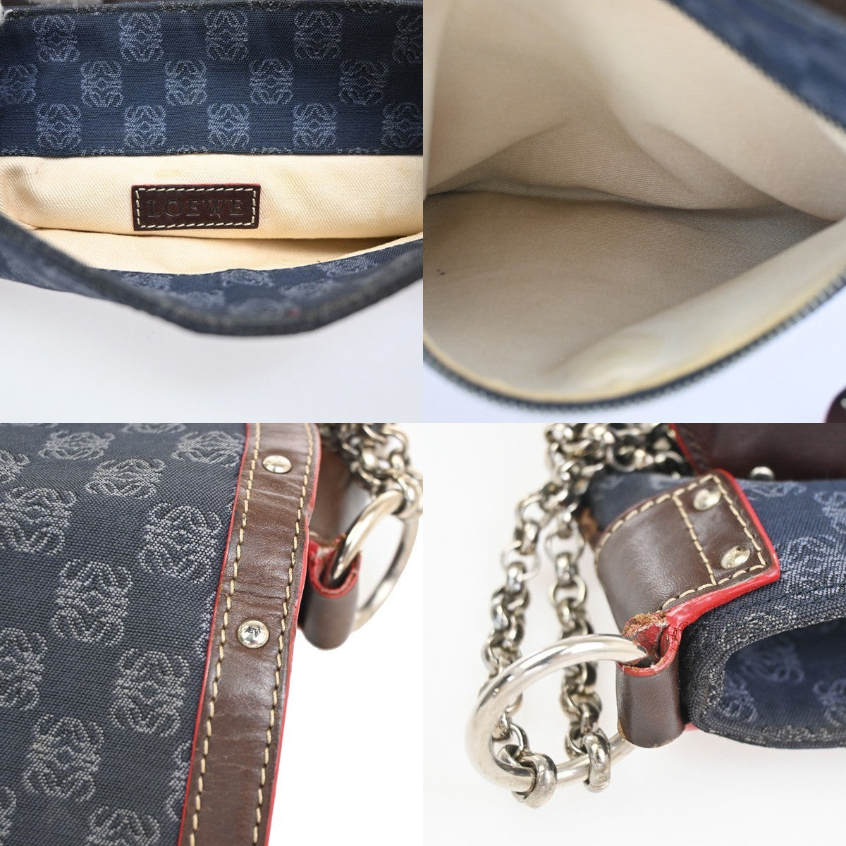 LOEWE Logo Anagram Studded Flap Shoulder Bag Canvas Leather Navy SHW 35CA788