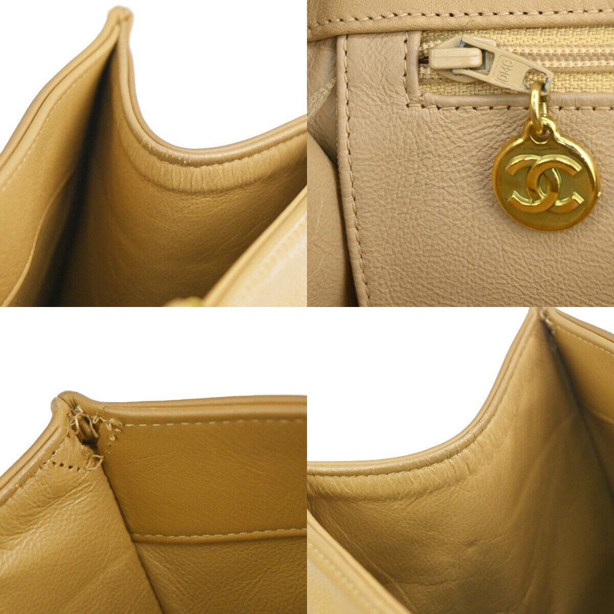 CHANEL CC Logo Chain Shoulder Tote Bag Leather Beige Gold-Plated France 629RJ479