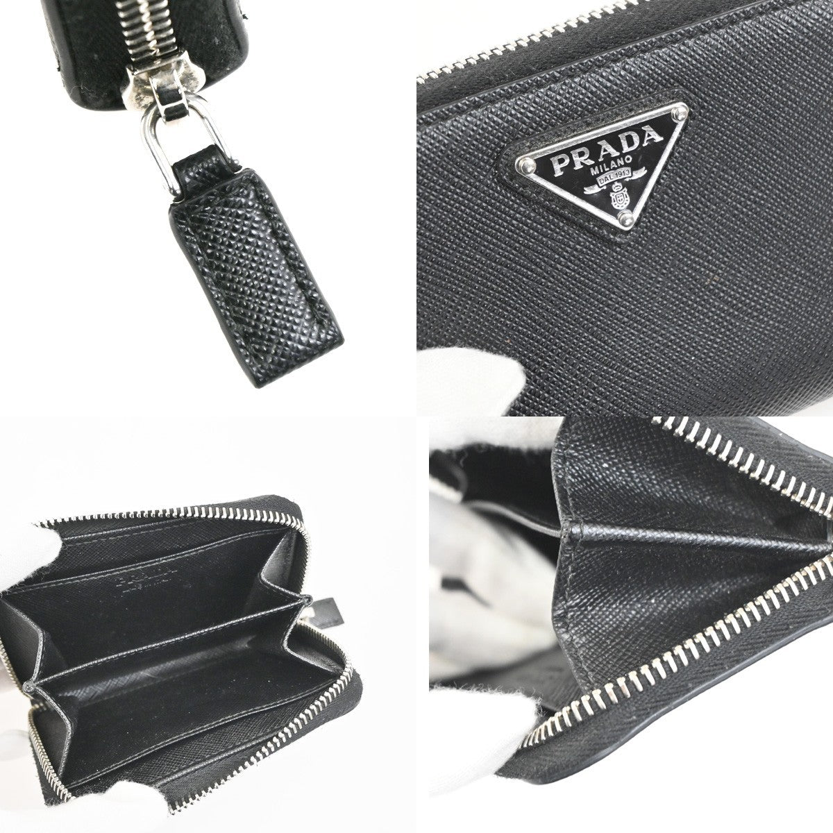 PRADA Saffiano Zip Around Compact Wallet Coin Case Leather BK SHW Italy 33YJ019