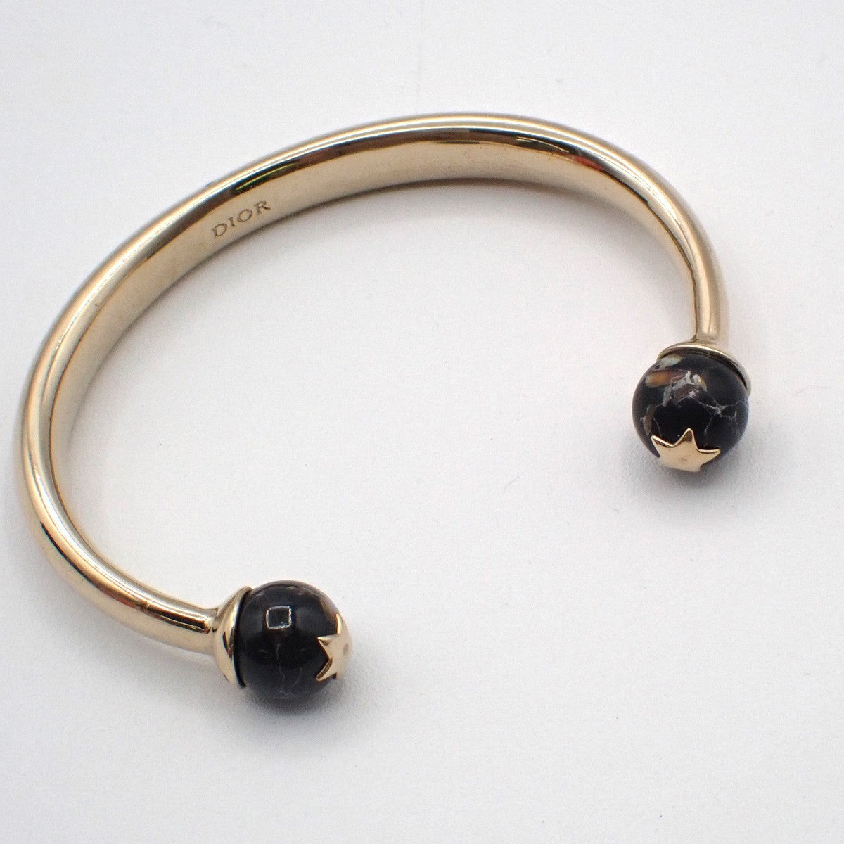 CHRISTIAN DIOR Logo Sphere Bangle Size S Black Enamel Gold 05KP448