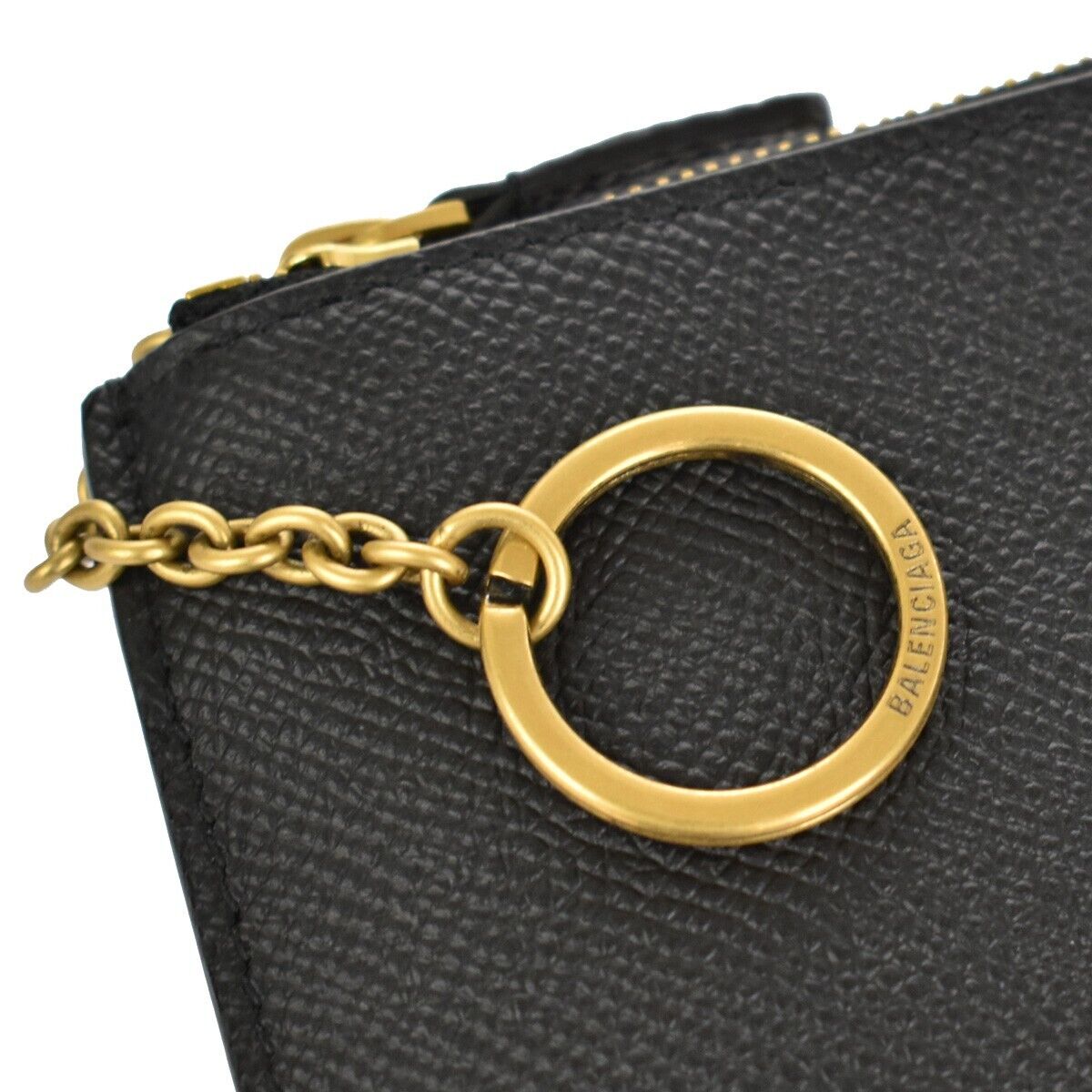 BALENCIAGA BB Logo Coin Wallet Purse Key Ring Leather Black Gold Italy 65RH003