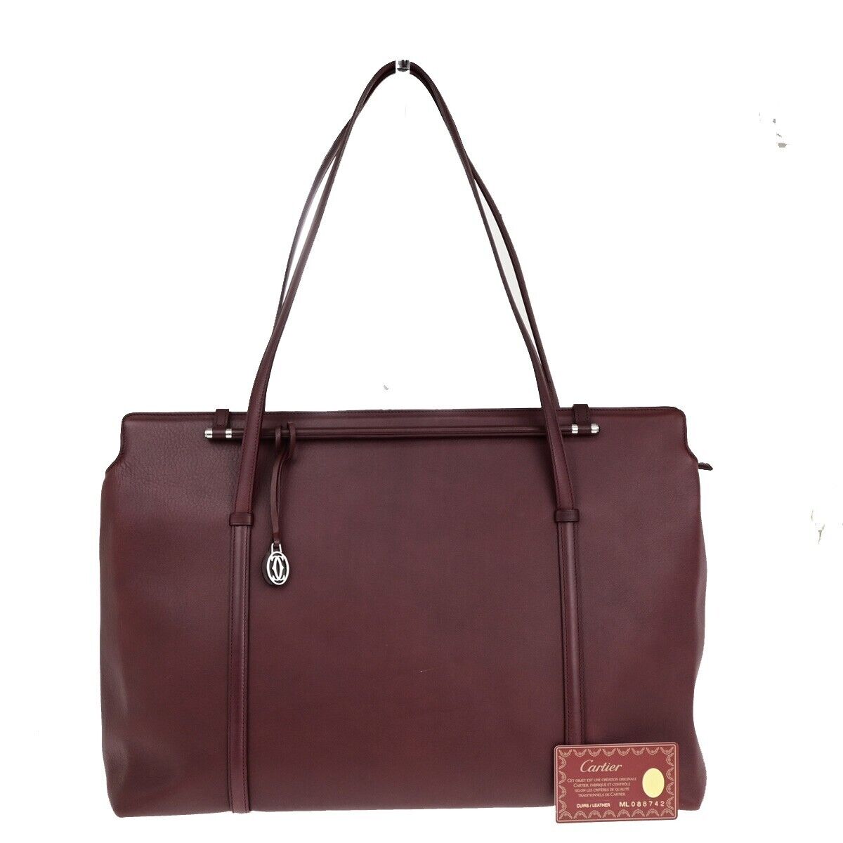 CARTIER 2C Logo Shoulder Tote Bag Leather Bordeaux Gold Made in Italy 61SJ349