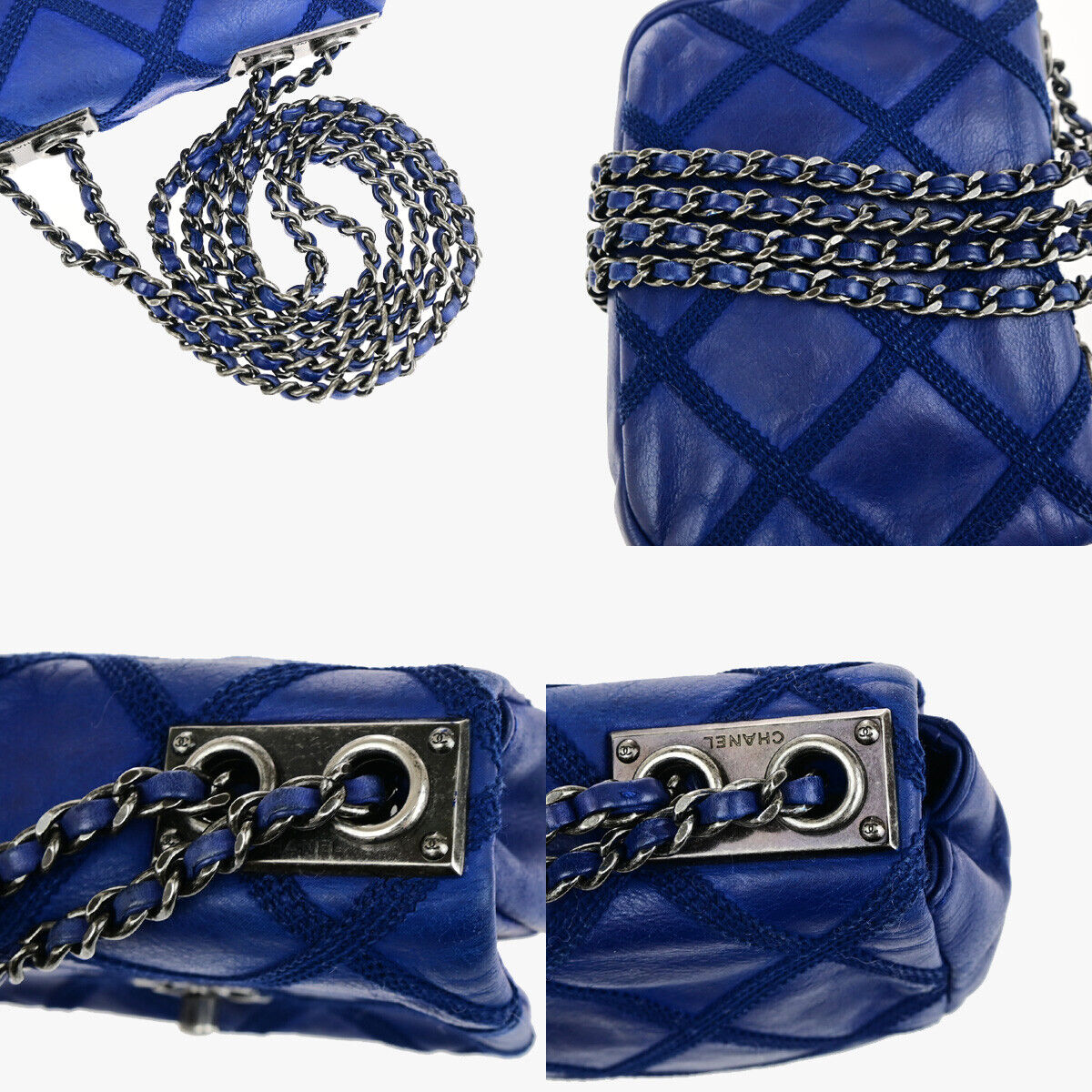 CHANEL CC Logo Mini Matelasse Chain Shoulder Bag Leather Blue SHW Italy 397RK203